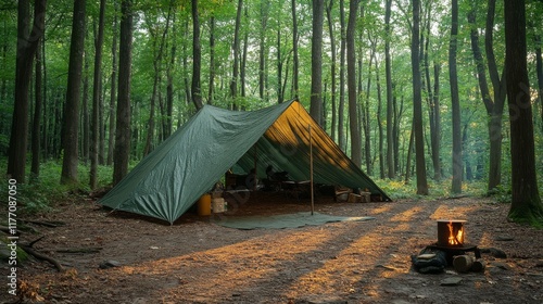 Cozy camping setup under tall trees with glowing campfire in the forest durin...