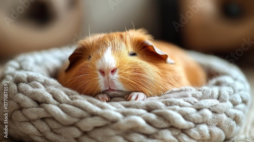 Cute orange guinea pig relaxing on a cozy knitted bed in a warm, inviting hom...
