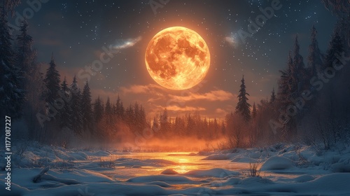 Moonlight illuminating a snowy forest path during a tranquil winter evening