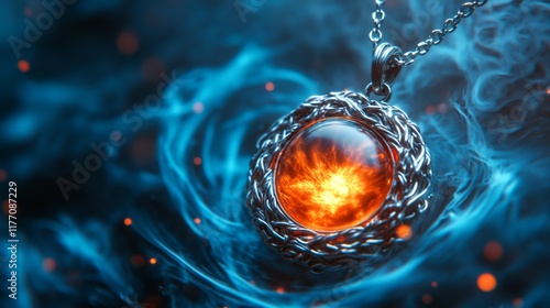 Mystical pendant with glowing blue orb surrounded by mist on dark surface