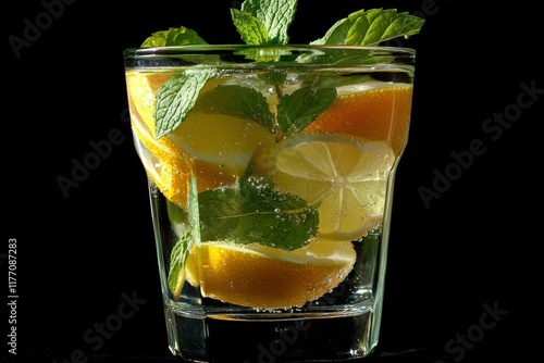 Refreshing citrus drink with mint leaves and lemon slices in a glass