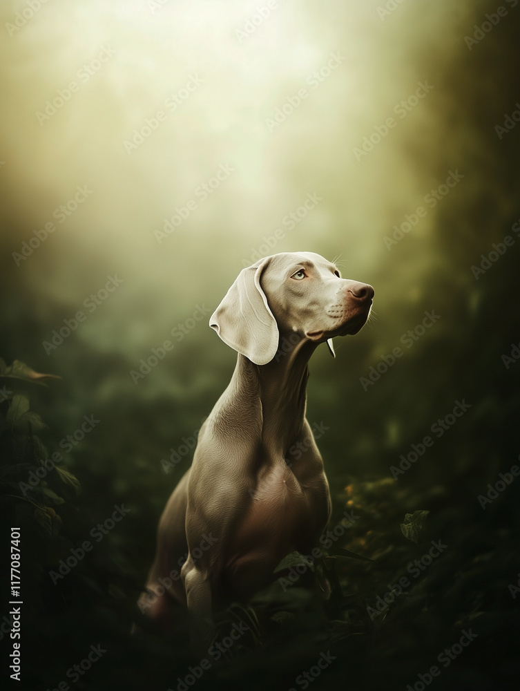 Weimaraner dog sitting in a lush serene forest with soft lighting.
