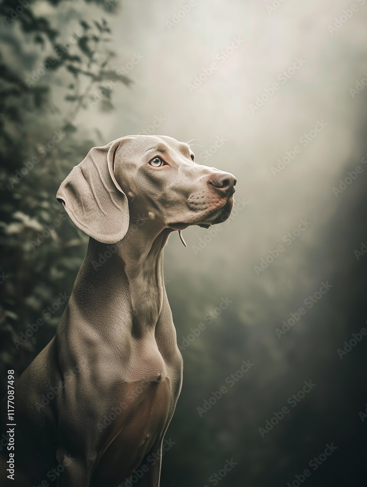 Weimaraner dog sitting in a lush serene forest with soft lighting. Weimaraner dog sitting in a lush serene forest with soft lighting.