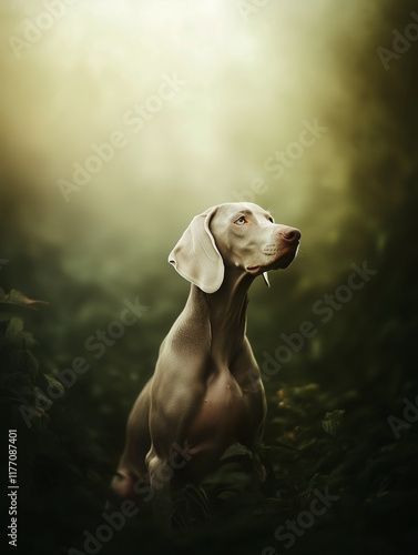 Obraz na płótnie Weimaraner dog sitting in a lush serene forest with soft lighting. w salonie