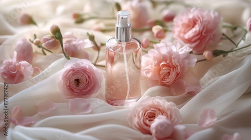 Delicate bottle of pink liquid sits among cherry blossom petals on soft fabri...