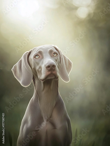 Weimaraner dog sitting in a lush serene forest with soft lighting.