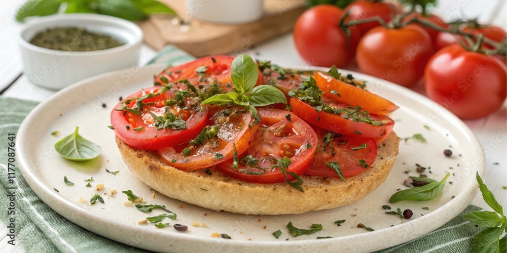 A simple yet elegant tomato basil bread topped with fresh herbs and a drizzle of oil