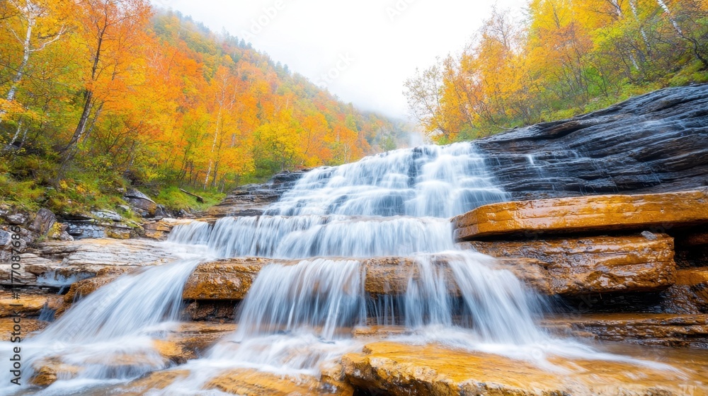 Obraz premium The image depicts a vibrant and captivating waterfall cascading down a rocky cliff in the heart of a lush forest during the autumn season