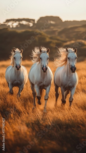 Horses running swiftly through golden fields under a blue sky with fluffy clouds