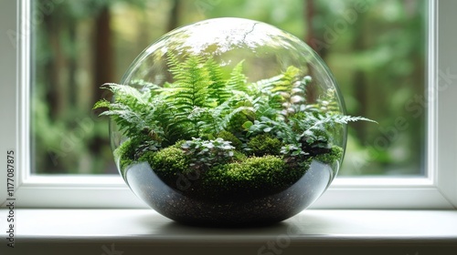 Lush greenery captured in a glass terrarium on a bright windowsill in a seren...
