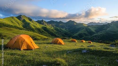 Setting up a bright orange tent on a picturesque hillside at sunset near moun...