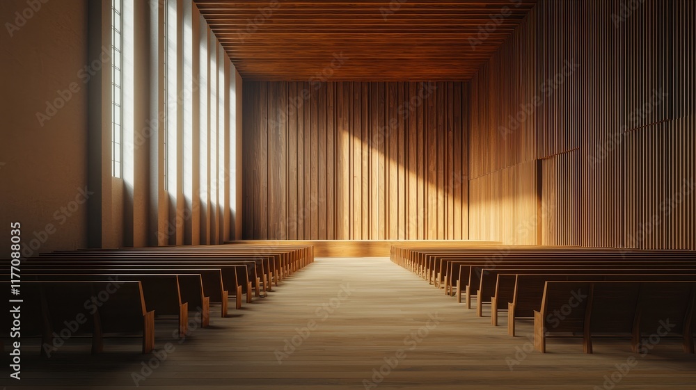 Serene Wooden Chapel Interior with Sunlit Rows of Empty Pews Serene Wooden Chapel Interior with Sunlit Rows of Empty Pews