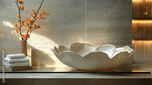 Wooden bowl and minimalist decor in modern interior with natural light