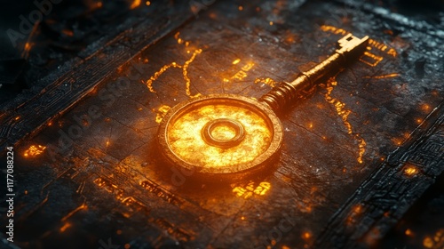 Mystical golden key on ancient stone with glowing inscriptions in a dark setting