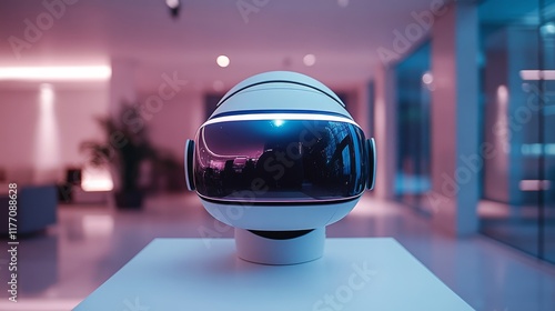 Futuristic technology display featuring a sleek virtual reality headset in a ...