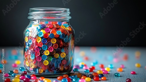 Colorful assortment of buttons in a glass jar surrounded by scattered buttons...