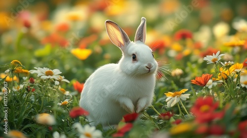 White rabbit sitting among colorful flowers in a vibrant spring garden