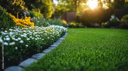 Vibrant green lawn with blooming daisies under a warm sun in a serene garden ...