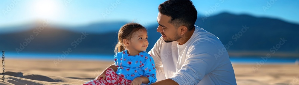 Fototapeta premium A heartwarming Fathers Day image shows father and child sitting on a beach at sunset, not stargazing, but sharing a moment of love and connection, making memories together Perfect for use as a card