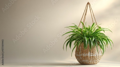 Indoor hanging plant in a woven basket on a neutral background enhancing home...