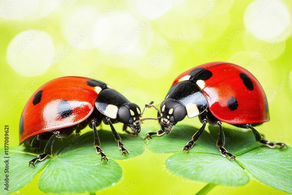Fototapeta premium Two Ladybugs Encountering on Clover Leaf Close up Macro Photography of Insects in Nature
