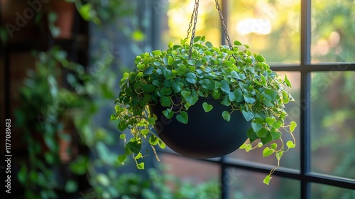 Hanging flower planter in sunlight by window during early morning hours