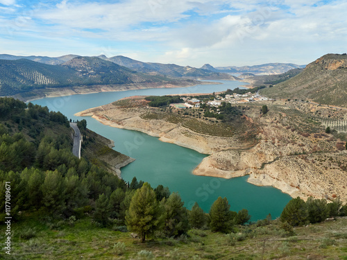Iznájar Reservoir. The largest reservoir in Andalusia. Green water. Effects of drought.