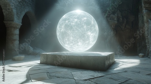 Golden sphere illuminates a quiet and serene room with warm light and shadow ...