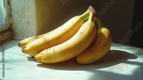 Freshly ripened bananas resting on a kitchen countertop with morning light il...