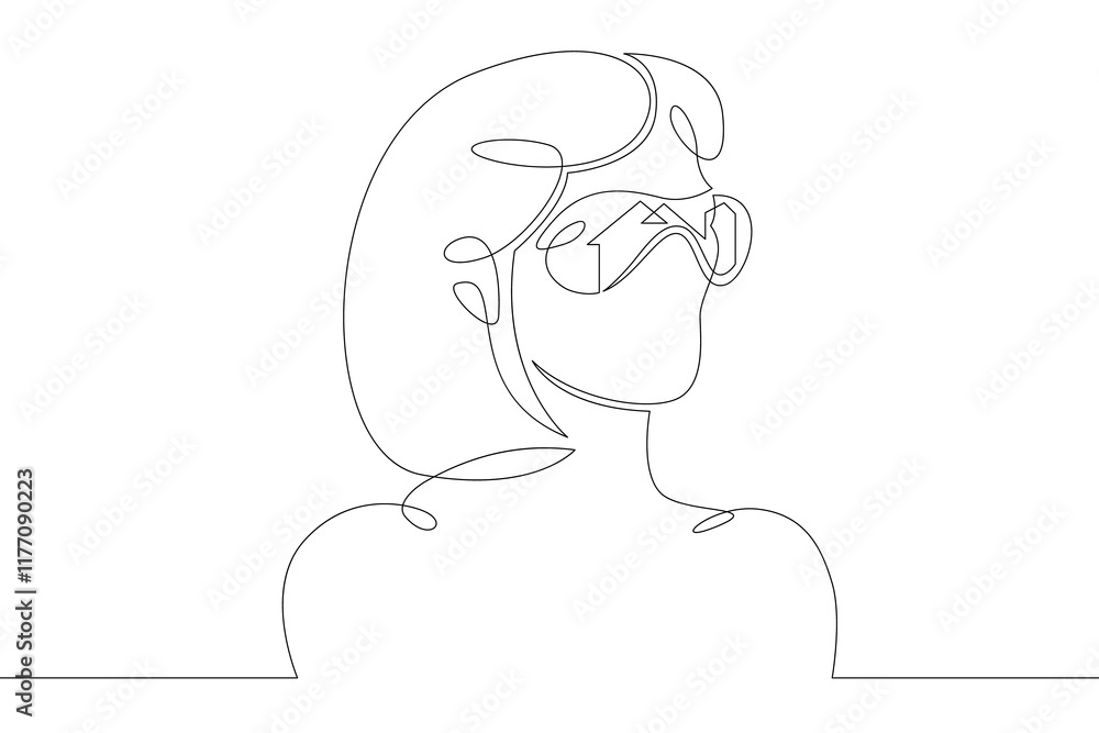 Female character wearing augmented reality glasses. Gaming industry and geolocation. Mobile technology.One continuous drawing line logo single hand drawn art doodle isolated minimal illustration. Female character wearing augmented reality glasses. Gaming industry and geolocation. Mobile technology.One continuous drawing line logo single hand drawn art doodle isolated minimal illustration.