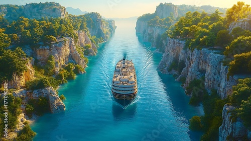 Cruise ship navigating scenic canyon waterway.