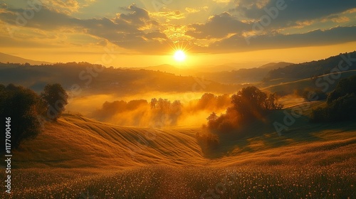 Sunrise over calm waters with mist and trees reflecting in the serene landscape