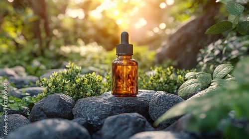 Sleek glass bottle of essential oil resting on smooth stones in a lush green ...
