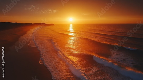 Sunset over the ocean with waves crashing on the shore in a serene coastal lo...