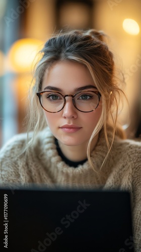 Young woman focused on laptop screen in cozy indoor setting during evening hours