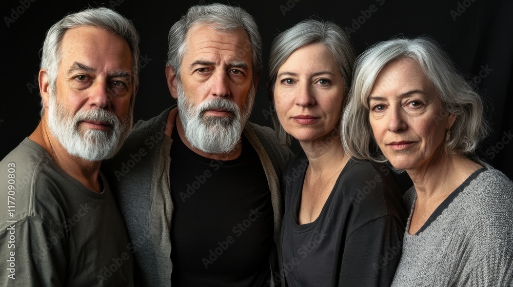 Group of four elder friends sharing a moment of connection and warmth against a dark backdrop Group of four elder friends sharing a moment of connection and warmth against a dark backdrop