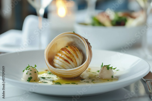 chair d'escargot french food , in white plate on marble surfave with tables wear photo