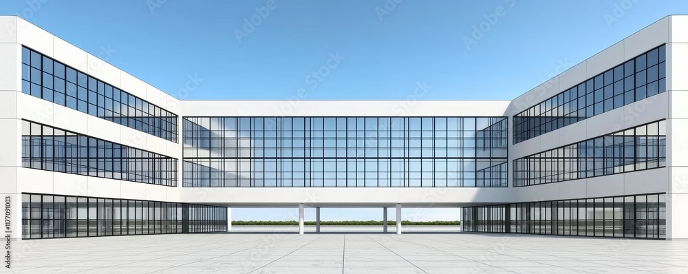 Fototapeta premium Modern White Office Building Exterior with Glass Facade and Courtyard
