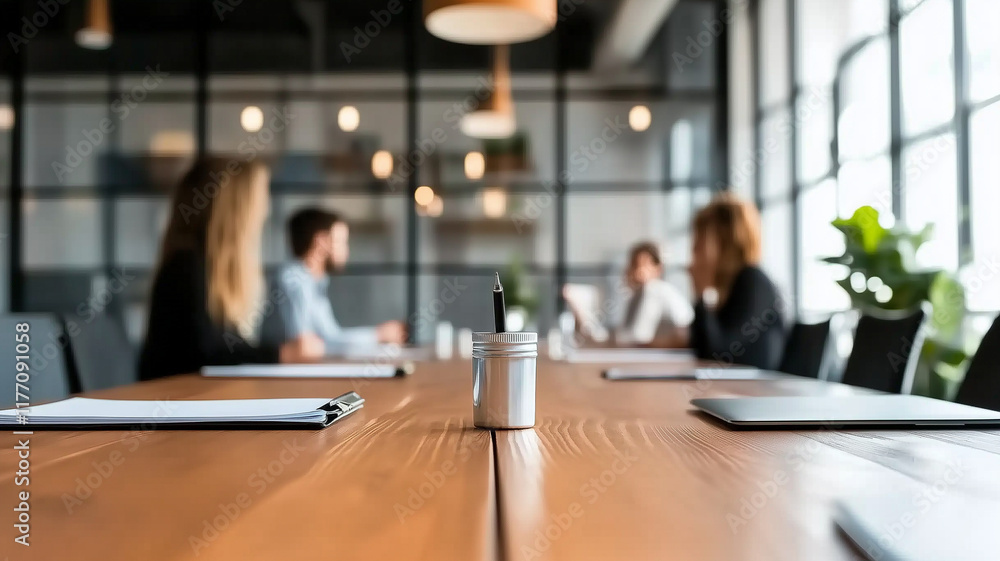 modern conference room with wooden table, featuring pen holder and notebooks, where group of professionals engage in discussion. atmosphere is collaborative and focused modern conference room with wooden table, featuring pen holder and notebooks, where group of professionals engage in discussion. atmosphere is collaborative and focused