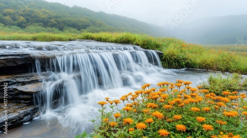 The waterfall consists of multiple tiers cascading down a series of rocky outcrops surrounded by lush greenery and vibrant flowers