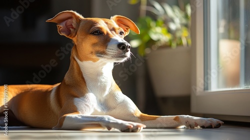 Dog resting peacefully in a golden sunset with autumn leaves around in a sere...