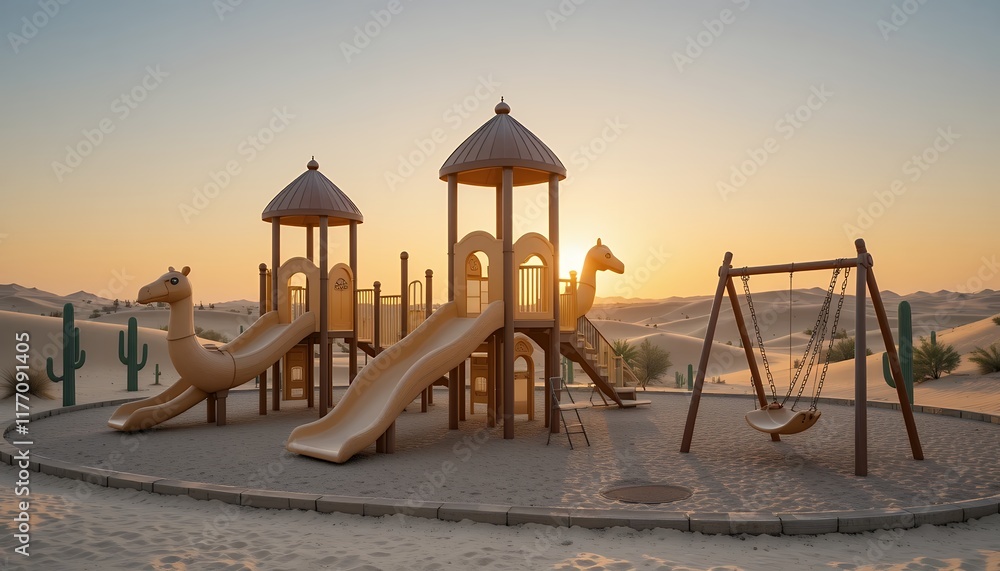 Desert Sunset Playground Camel Slides Swings Sand Desert Sunset Playground Camel Slides Swings Sand