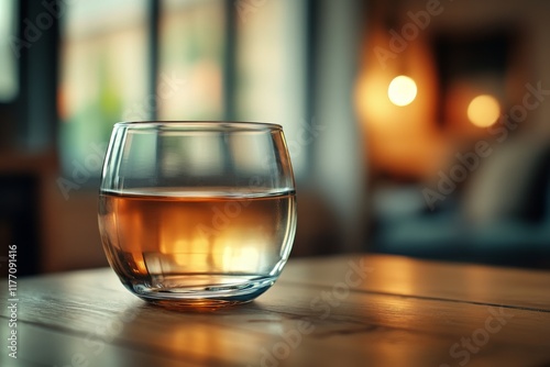 Warm evening light reflecting off a glass of amber drink on a wooden table by...
