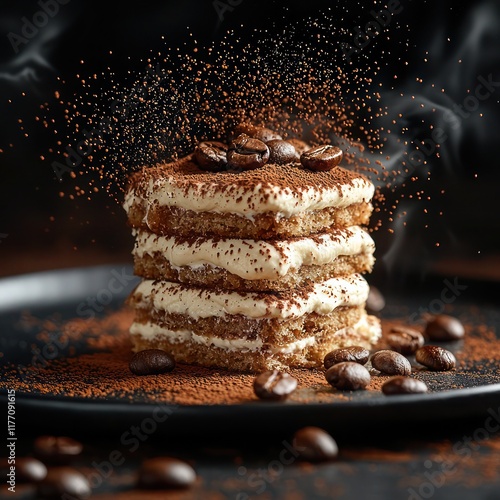 A mouth watering yet exclusive presentation of a authentic Italian Tiramisu loaded with chocolate goodness, quality ingredients and sprinkled with chocolate dust photo