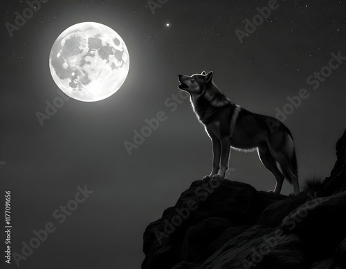 Majestic wolf howls at the full moon under the starry night sky in a serene wilderness setting