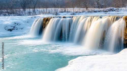 The waterfall consists of multiple tiers cascading down a series of limestone formations, creating a mesmerizing display of turquoise pools and lush greenery.