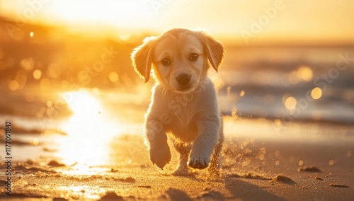 Golden Puppy Joyfully Running on the Beach at Sunset photo