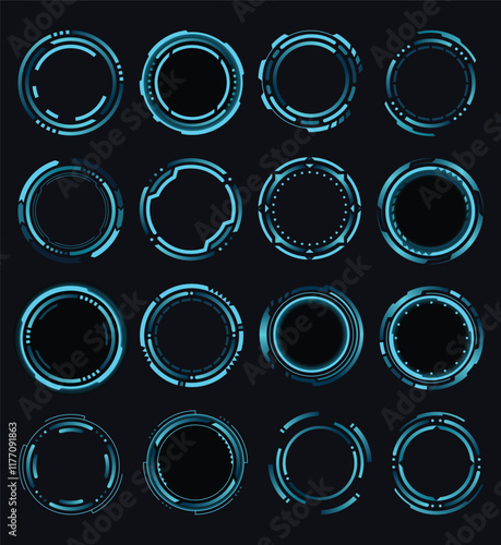 Set of hud round frames or borders, sci fi circular neon elements for digital ui game interface. Futuristic data UI display buttons. Vector radars for aim control target and navigation