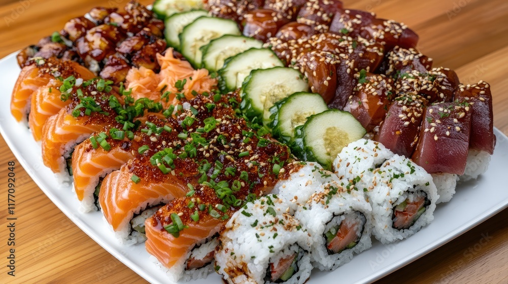 Enjoy a delightful platter of nigiri sushi featuring fresh salmon and tuna slices on sushi rice, beautifully arranged on a white plate Enjoy a delightful platter of nigiri sushi featuring fresh salmon and tuna slices on sushi rice, beautifully arranged on a white plate