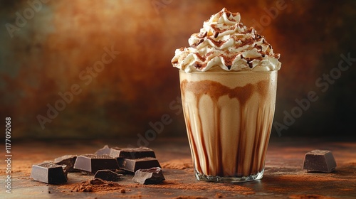 Delicious chocolate shake topped with whipped cream and chocolate drizzle ser...